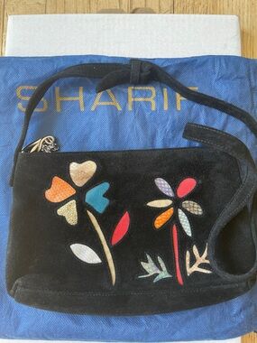 Sharif Black Suede Shoulder Bag with Multicolor Floral Appliqués